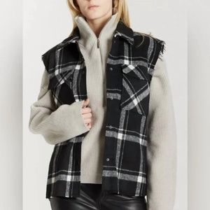 OAT New York Hunter Plaid Wool Blend Vest w/Frayed Edges Black, White Size M